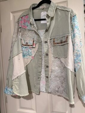 POL Patchwork Sage Button-Up Jacket with Floral Accents